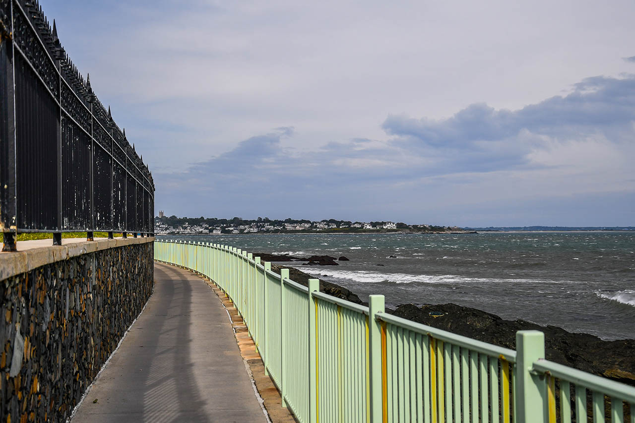 Oceanfront walking path and coastal views near Newport Cliff Walk in Rhode Island