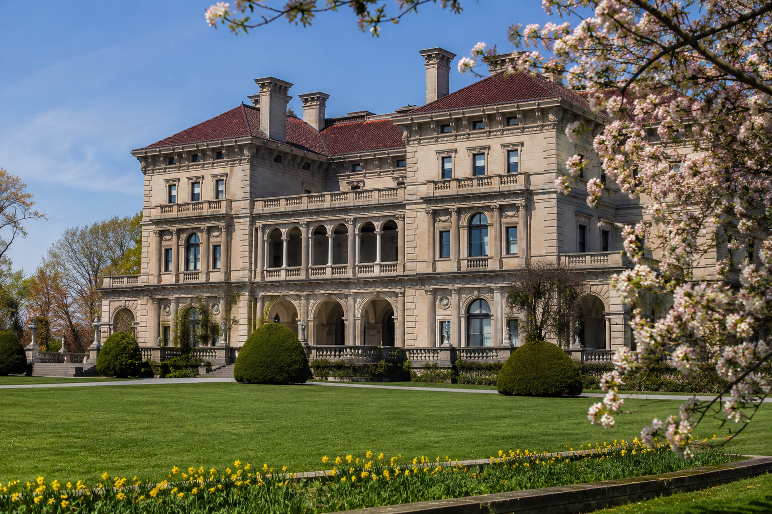 Historic Newport Rhode Island mansion exterior in spring