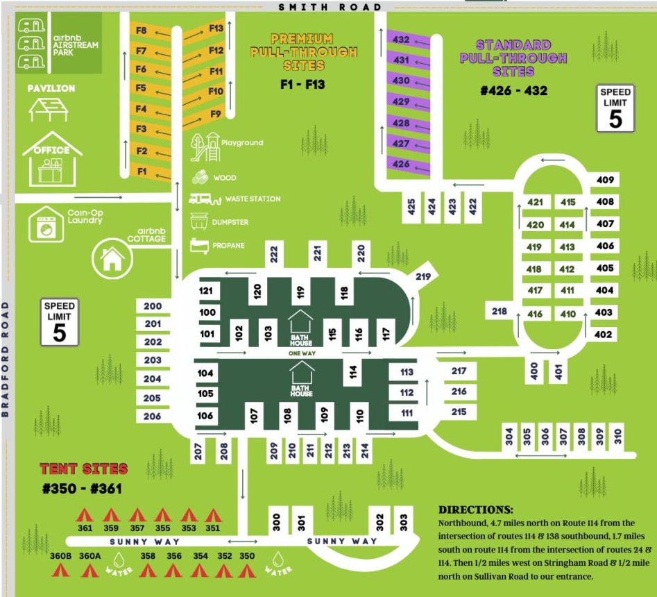 Newport RV Park campsite map and campground layout Newport RV Park campsite map showing RV sites, tent sites, Glamp Newport rentals, bathhouses, laundry, dog park, and campground amenities