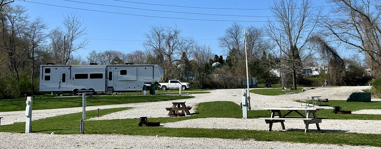 Travel trailer parked at an RV campsite at Newport RV Park in Portsmouth Rhode Island